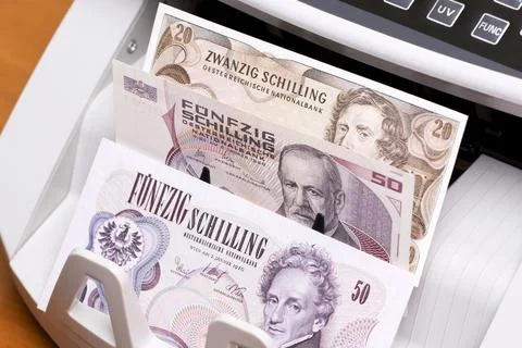 Austrian schilling in the counting machine Stock Photos