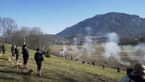 Austrian Shooting Team fires Black powder guns and reloads in Austrian Alps Stock Footage 120982140