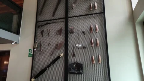 Austrian tools on a wall inside the "Dörcher-Bier" bar in Pozuzo, Peru Vídeo Stock 283303749