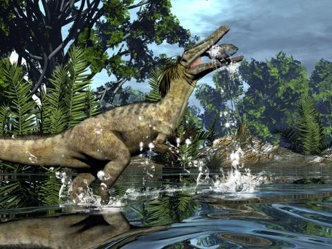 Austroraptor dinosaur fishing -3D render Stock Illustration