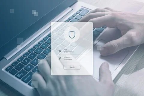 Autentication login form concept with hands on a laptop. Seamless security in Stock Photos