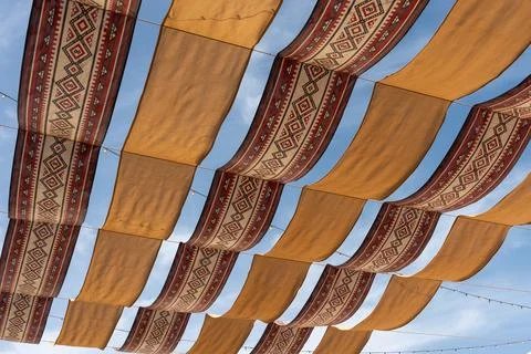 Authentic Arabic Patterned Fabric Canopy Perspective at Mina District Stock Photos