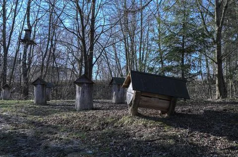 Authentic beehive made of logs. The old apiary. Stock Photos