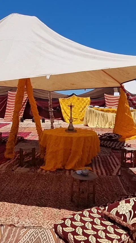 Authentic berber tent set up for a traditional tea ceremony in the Sahara Stock Footage 332952151