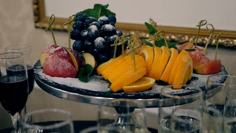 Authentic buffet, assorted fresh fruits, berries and citrus fruits. Stock Footage 122877780