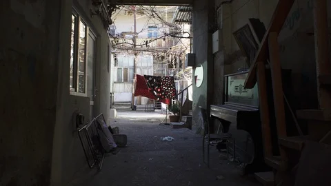 Authentic courtyard with hanging clothes, Tbilisi, Georgia Stock Footage 123668899