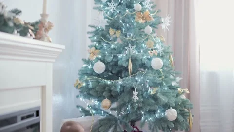 Authentic cute happy Joy chubby infant girl wearing santa hat and red dress Stock Footage 154089762