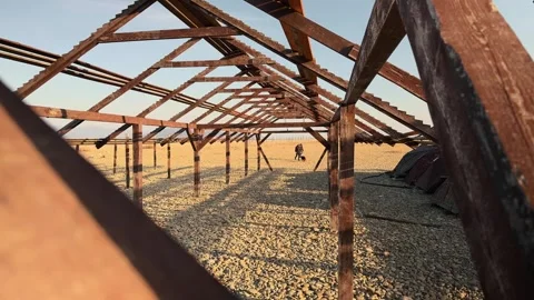 Authentic Distant Couple Walking Dog Silhouettes Framed By Blurred Wooden S.. 스톡 동영상 330856905