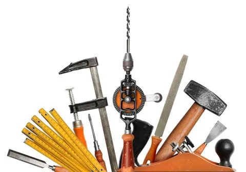 Authentic DIY carpenter hand tools set on white background Stock Photos