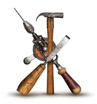 Authentic DIY old carpenter hand tools set crossed on white background Stock Photos