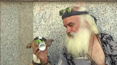 Authentic dog drinking from a can of lemonade and giving homeless owner a kiss Stock-Footage 55160469
