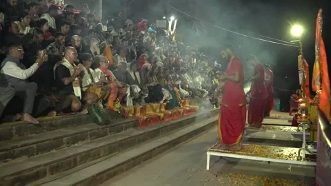 Authentic Evening Aarti Ritual View in Rishikesh India Stock Footage 337623522