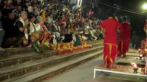 Authentic Evening Aarti Ritual View in Rishikesh India Stock-Footage 337624895