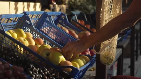 Authentic farmer market scene - man buying fresh fruits using eco-friendly Stock Footage 143963768