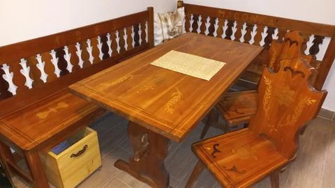 Authentic film location dining table set by national master carpenter Stock Photos