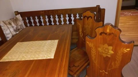 Authentic film location dining table set by national master carpenter Stock Photos