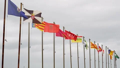 Authentic flags with their masts of all the autonomous communities of the Stock Footage 254861256
