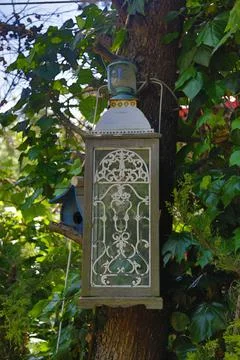 Authentic garden lighting connected to the tree Stock Photos