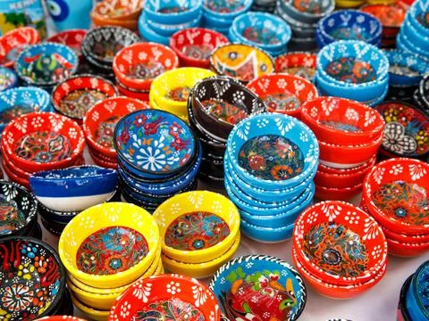 Authentic hand made Turkish ceramic bowls with vibrant bright colours and int Stock Photos