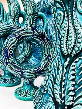 Authentic hand made Turkish ceramic bowls with vibrant bright colours Stock Photos