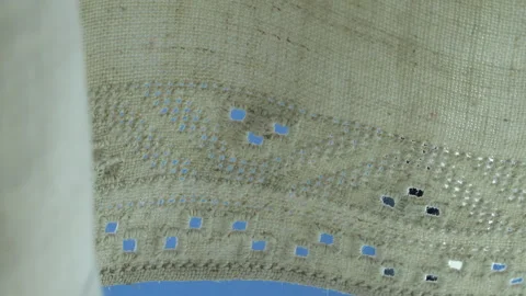 Authentic handmade lace texture on vintage homespun linen: openwork pattern Stock Footage 317104934