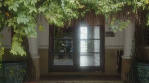 Authentic hotel entrance, column doors, green foliage, cloudy, windy weather Stock Footage 237805652