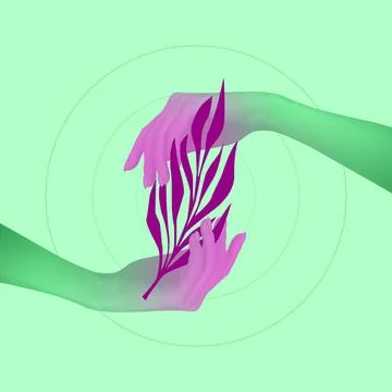 Authentic human hands and plants over green background. Contemporary art collage Ilustração Stock
