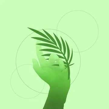 Authentic human hands and plants over green background. Contemporary art collage Ilustração Stock
