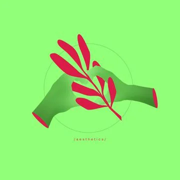 Authentic human hands and plants over green background. Contemporary art collage Ilustração Stock