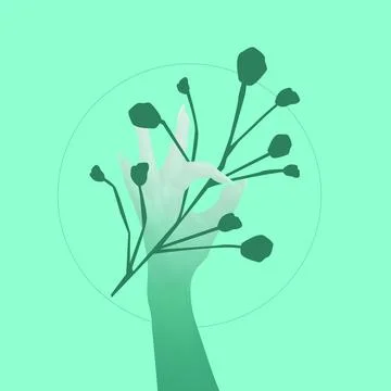 Authentic human hands and plants over green background. Contemporary art collage Ilustração Stock