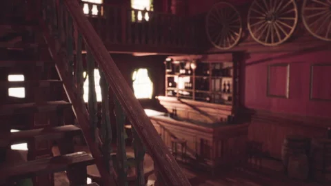 Authentic interior of a vintage saloon with rustic wooden features and decor Stock Footage 294097438