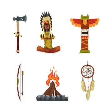 Authentic Items and Tools of Native American Indians with Hatchet, Totem, Bow 스톡 일러스트