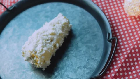 Authentic kitchen study: coating grilled corn with a thick cheese layer Stock Footage 342171902