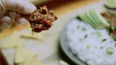 Authentic kitchen study of overhead Mexican-inspired dinner presentation 스톡 사진