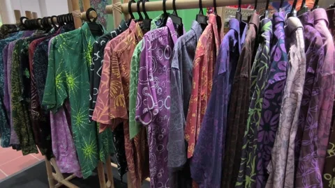 Authentic Malaysian Batik Men's Shirts on Display for Sale Stock Footage 335185100