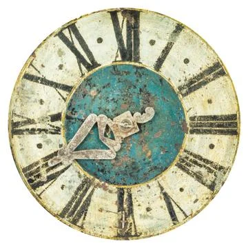 Authentic medieval clock face with one hour hand isolated on white Stock Photos
