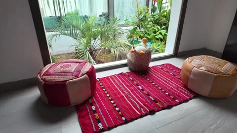 Authentic Moroccan Home Decor with Leather Poufs and Berber Rug  June 2026 Stock Footage 336270420