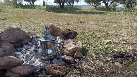 Authentic Moroccan Tea Preparation in Nature Stock Footage 334580696