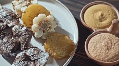 Authentic Peruvian Anticuchos Grilled Beef Heart Skewers with Corn and Potatoes Vídeo Stock 344980801
