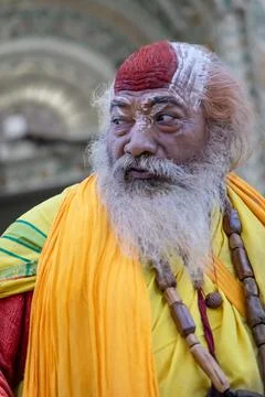 Authentic Portrait Of Elderly Indian Ascetic During Hindu Religious Gatheri.. Stock Photos