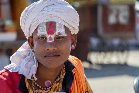 Authentic Portrait Of Indian Devotee In Ceremonial Attire And Traditional M.. Stock Photos