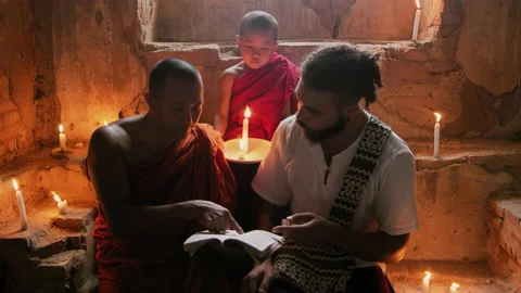 Authentic real monks In Bagan Mayanmar / Burma  reading and studying religious s Stock Footage 201097012