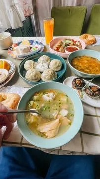 Authentic Russian Table Set With Traditional Dishes On A Checkered Tablecloth Stock Photos