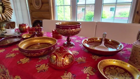 Authentic Russian tableware and household items Stock Footage 314580308
