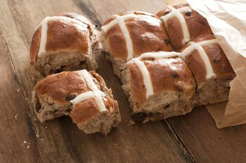 Authentic, rustic hot cross easter buns Stock Photos