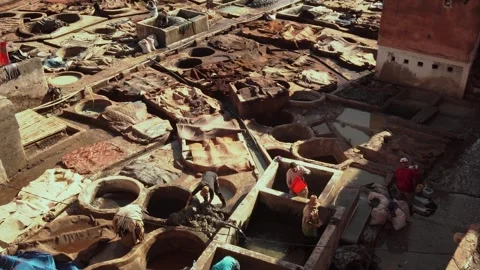 Authentic scene of the manual leather tanning process in Morocco. Vibrant Vídeos de archivo 334648879