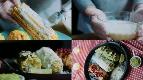 Authentic serving study: showing creamy corn with chili and herbs Stock Photos
