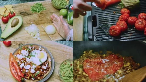 Authentic serving view of beans tortilla and ranchero sauce in split screen Video stock 342153219