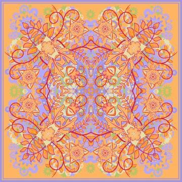 Authentic silk neck scarf or kerchief square pattern design in eastern style for Stock Illustration