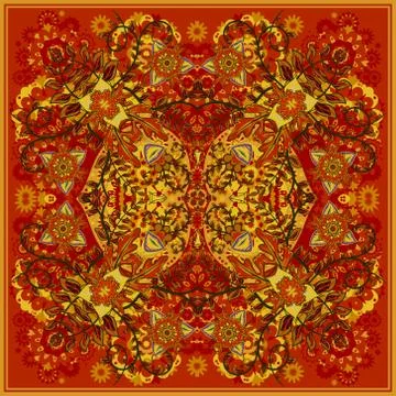 Authentic silk neck scarf or kerchief square pattern design in eastern style for Stock Illustration